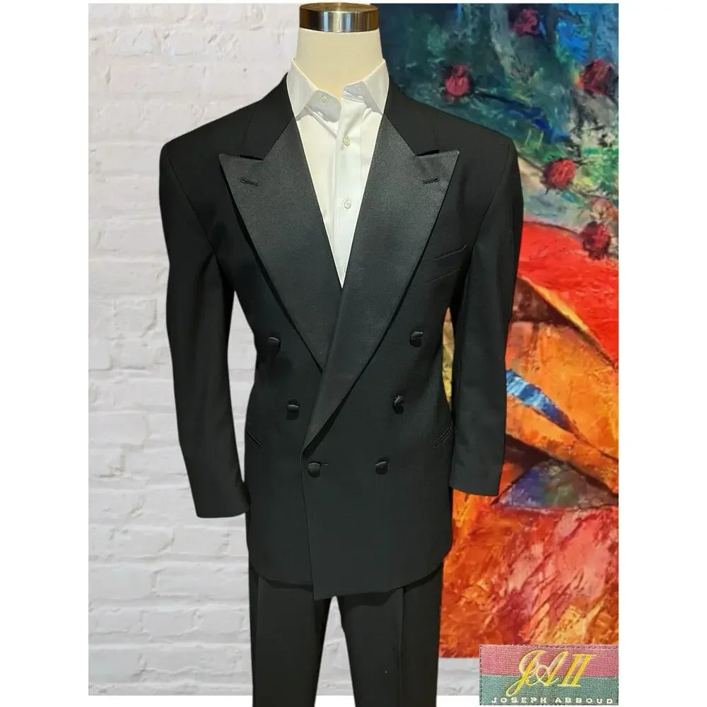 Joseph Abboud Mens 44L 36x29 Black Tuxedo Double Breasted Virgin Wool